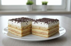 Colorful Temptation Without Turning on the Oven: No-Bake Bingo Slices with Banana, Caramel, and Vanilla Pudding Bingo slices with biscuits: Three-colored no-bake pudding dessert