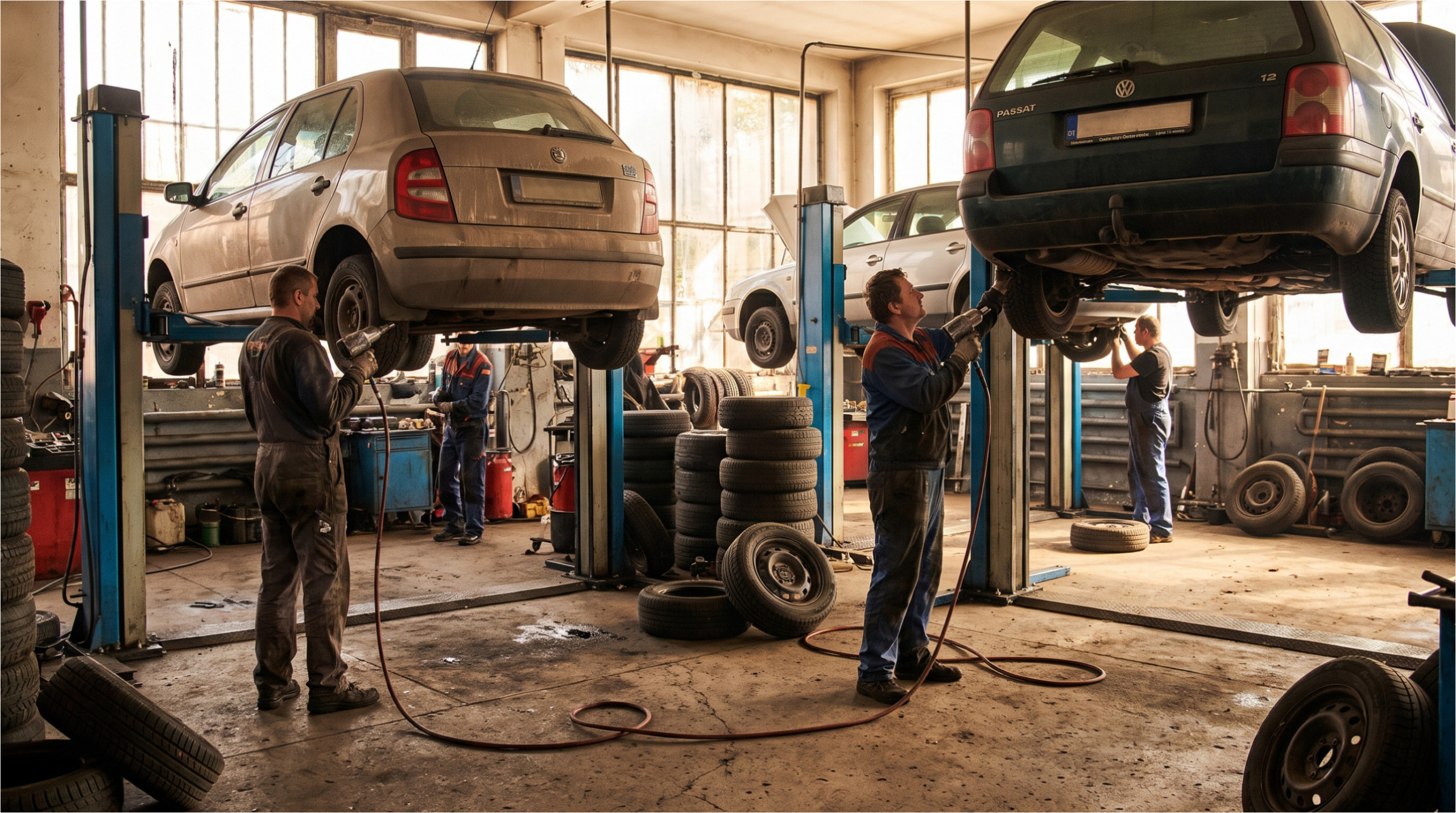Busy tire shop during spring tire change.