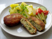 Cabbage Patties with Mashed Potatoes: Golden Coating and Juicy Filling with Smoked Pork Belly Cabbage patties with golden coating served with mashed potatoes
