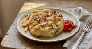 Camembert in Puff Pastry: Crispy Starter with Bacon Ready in 30 Minutes Camembert in puff pastry with bacon and onion on a plate