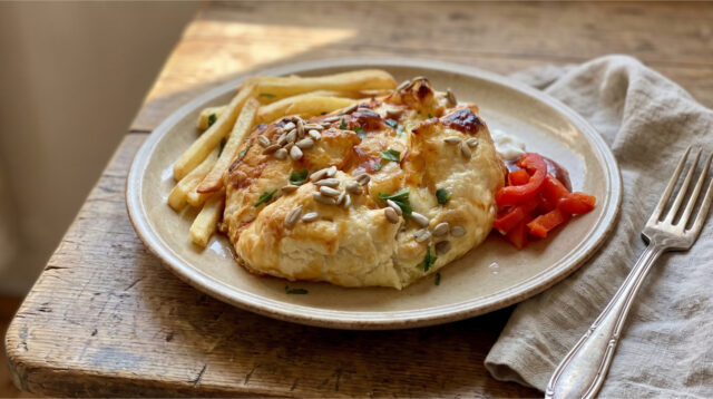 camembert-puff-pastry-bacon-onion Camembert in puff pastry with bacon and onion on a plate