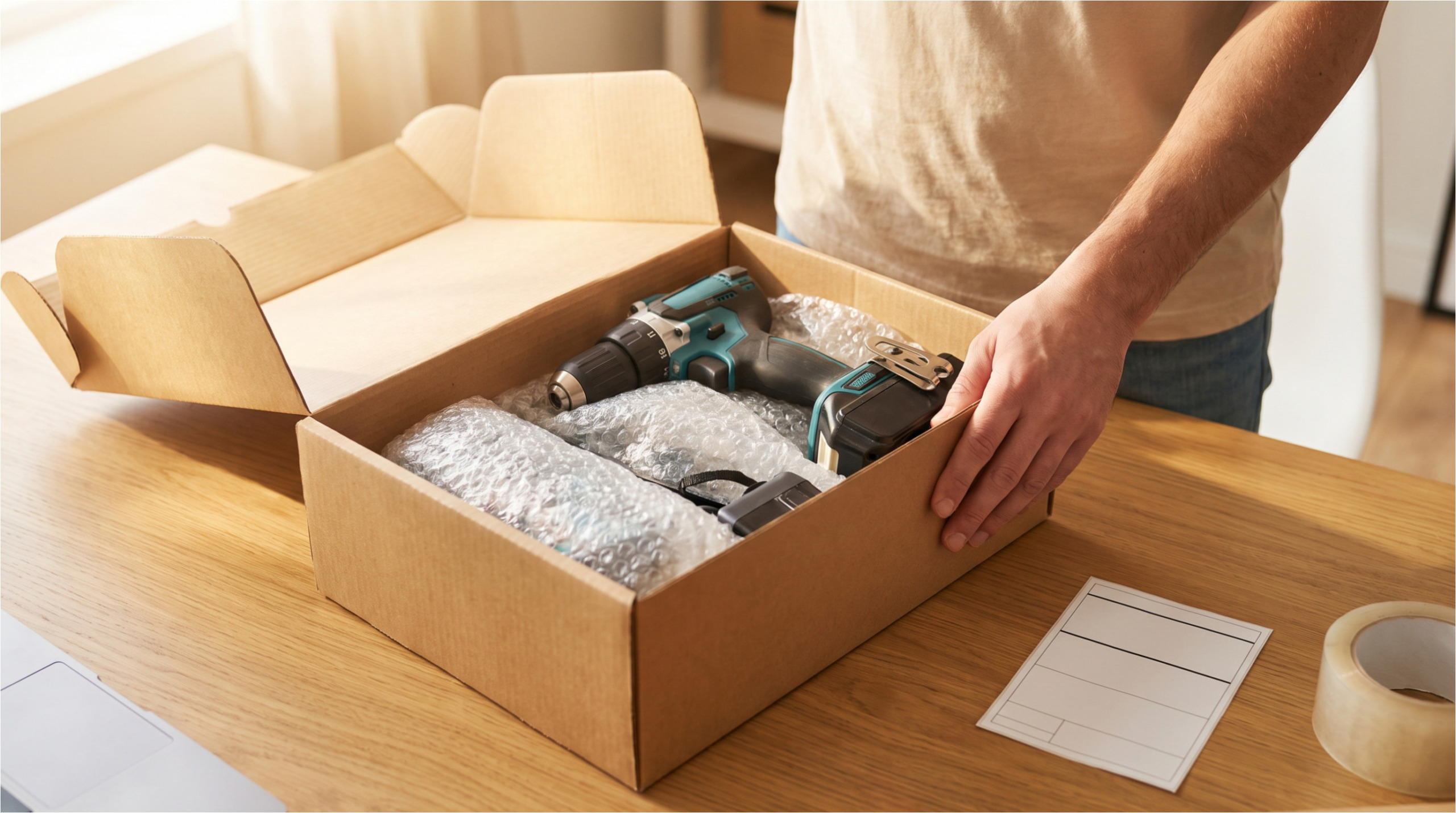 Carefully packed parcel with electric tools.