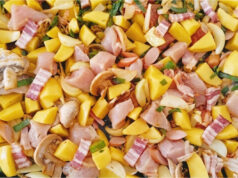 Chicken with Potatoes, Bacon and Vegetables on One Tray: Just Mix Everything and Bake Chicken with potatoes, bacon and vegetables on a baking tray