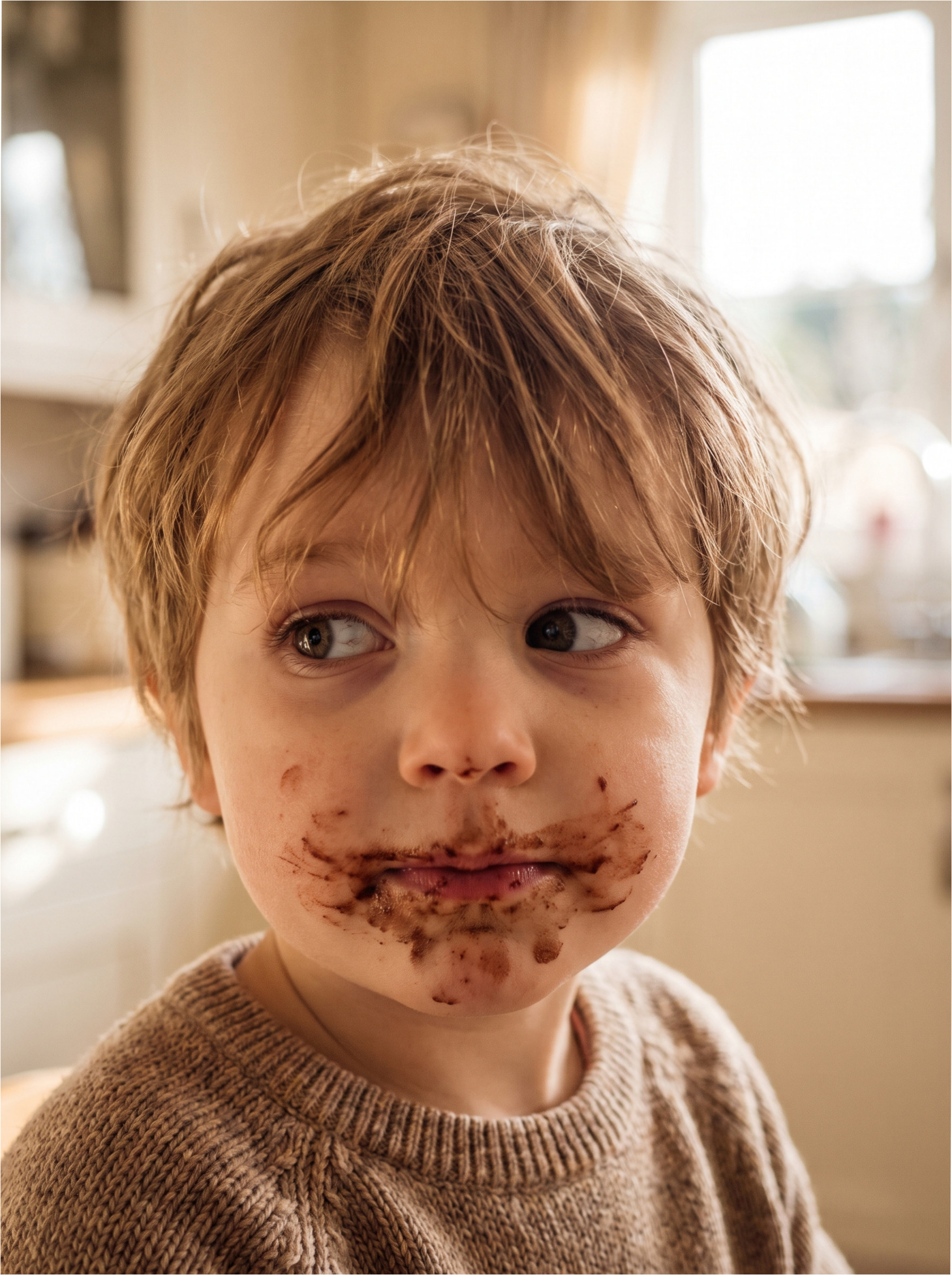 Child with chocolate around their mouth.