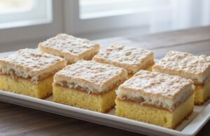 Moist Cake with Fluffy Coconut Topping, Egg Yolk Batter and Stewed Apples Apple Dream with coconut meringue: a moist cake that tastes great even the next day
