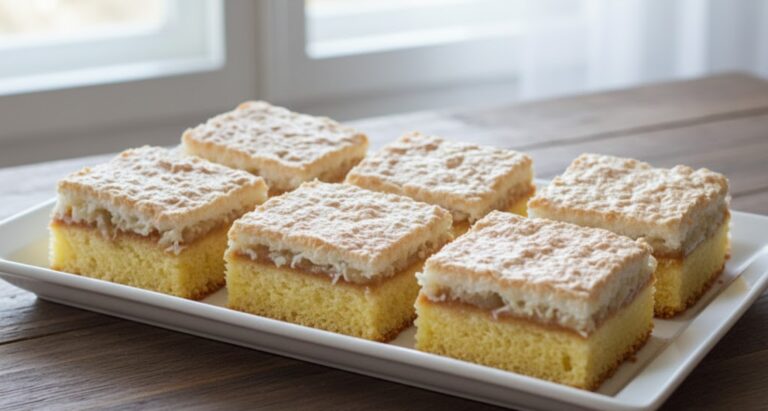 Moist Cake with Fluffy Coconut Topping, Egg Yolk Batter and Stewed Apples