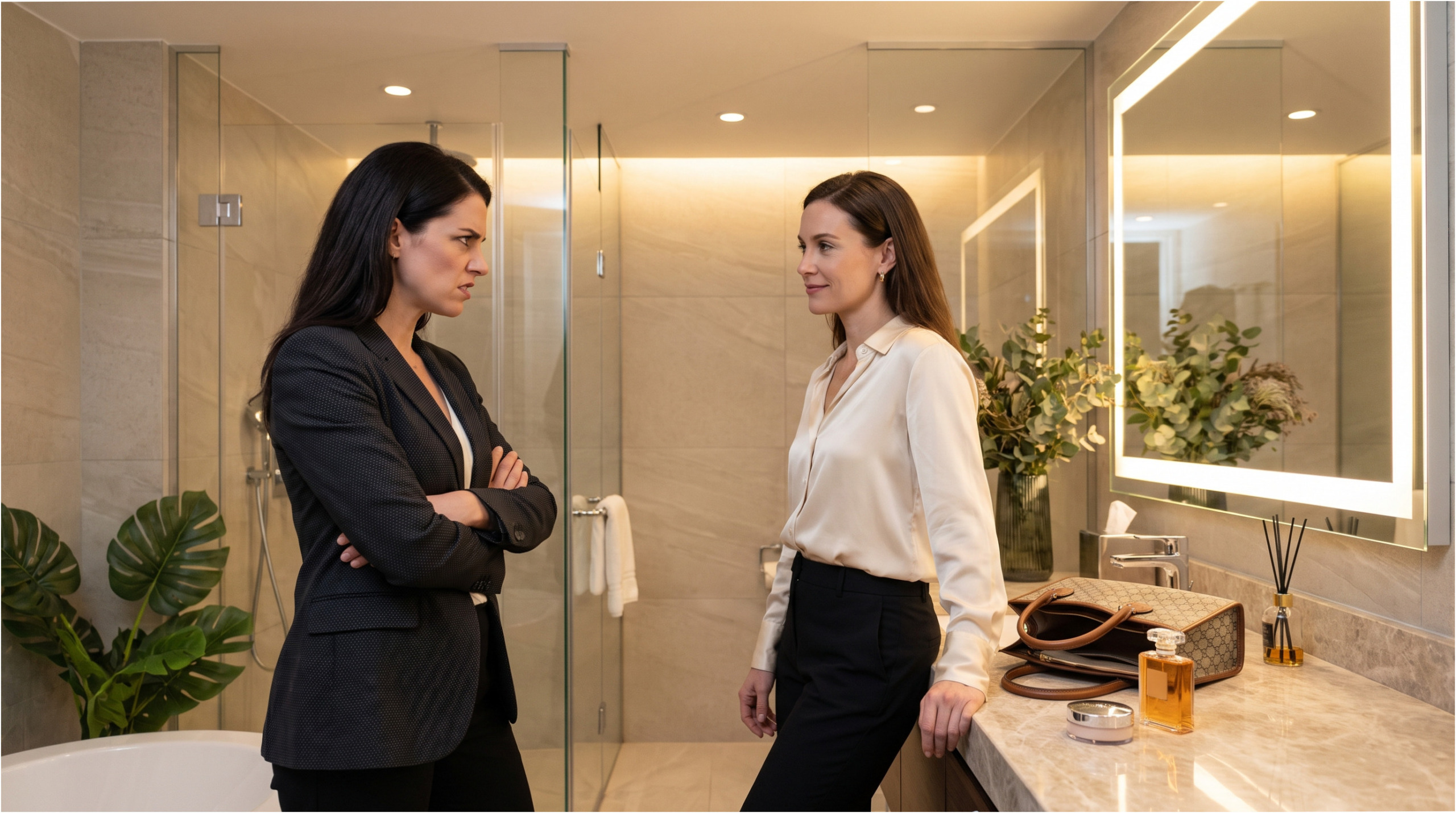 Confrontation between friends in the restroom.