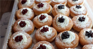 Cream Puff Doughnuts: Fluffy, Delicate and Filled with Whipped Cream and Jam Fluffy cream puff doughnuts filled with whipped cream and jam