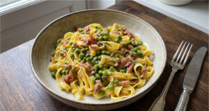 Pasta with Sour Cream and Bacon: Creamy Lunch Ready in 15 Minutes Creamy pasta with sour cream, bacon and cherry tomatoes