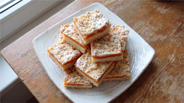 Crumb Cake with Vanilla Pudding and Apricots: Moist Dessert with a Crunchy Layer