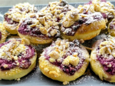 Delicate Yeast Pastries for Afternoon Coffee: With Blackberry Quark, Rum Raisins, Crumble and Almonds Delicate yeast pastries with blackberry quark and rum raisins