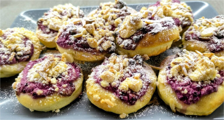 Delicate Yeast Pastries for Afternoon Coffee: With Blackberry Quark, Rum Raisins, Crumble and Almonds