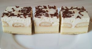 Fluffy Yogurt Cream Slice with Puff Pastry, Ladyfingers, Vanilla Cream and Whipped Cloud Yogurt cream slice with puff pastry: light dessert with vanilla cream