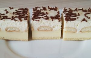 Fluffy Yogurt Cream Slice with Puff Pastry, Ladyfingers, Vanilla Cream and Whipped Cloud Yogurt cream slice with puff pastry: light dessert with vanilla cream