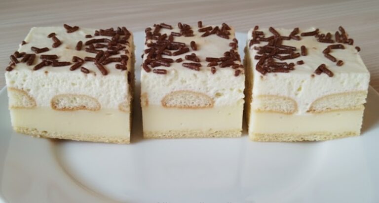 Fluffy Yogurt Cream Slice with Puff Pastry, Ladyfingers, Vanilla Cream and Whipped Cloud