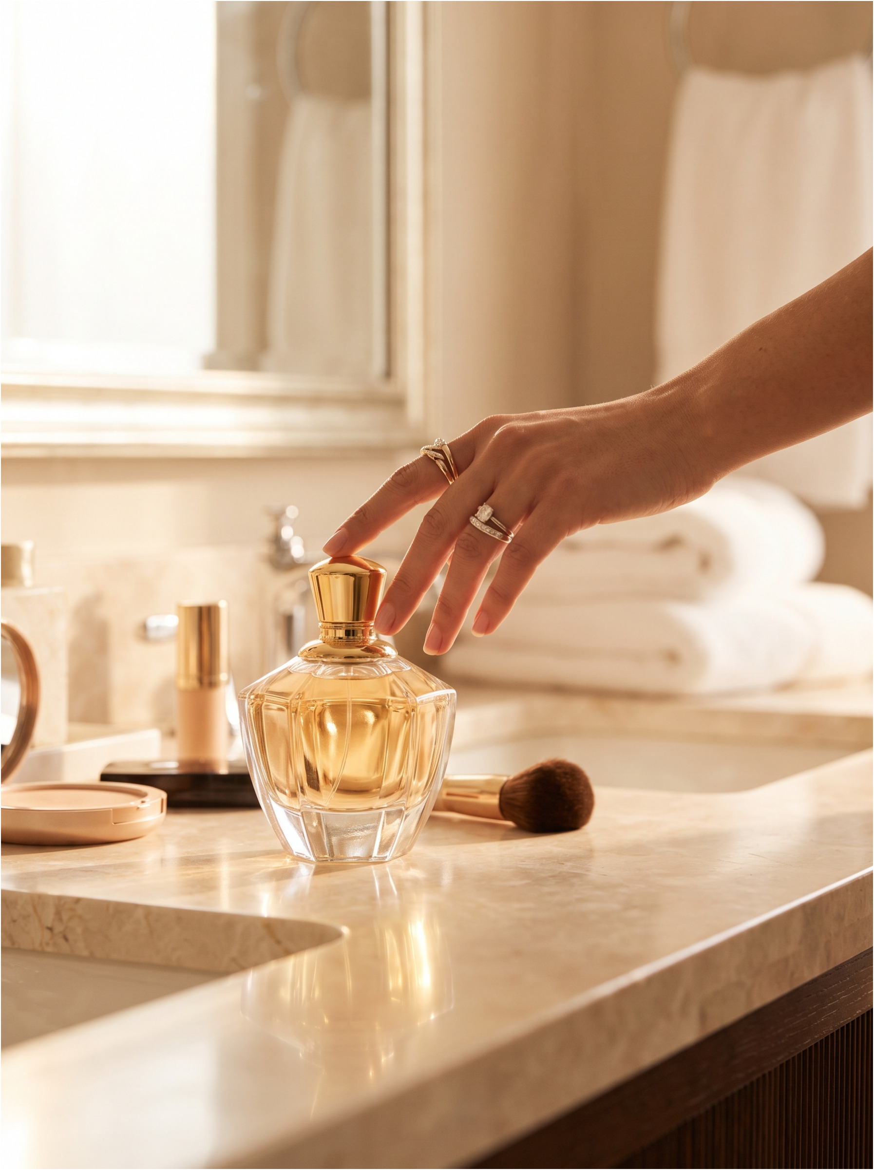 Expensive perfume on a marble sink.