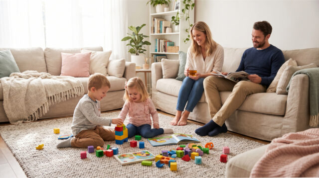 family-living-room-children-playing-floor Family in the living room with children playing on the floor.
