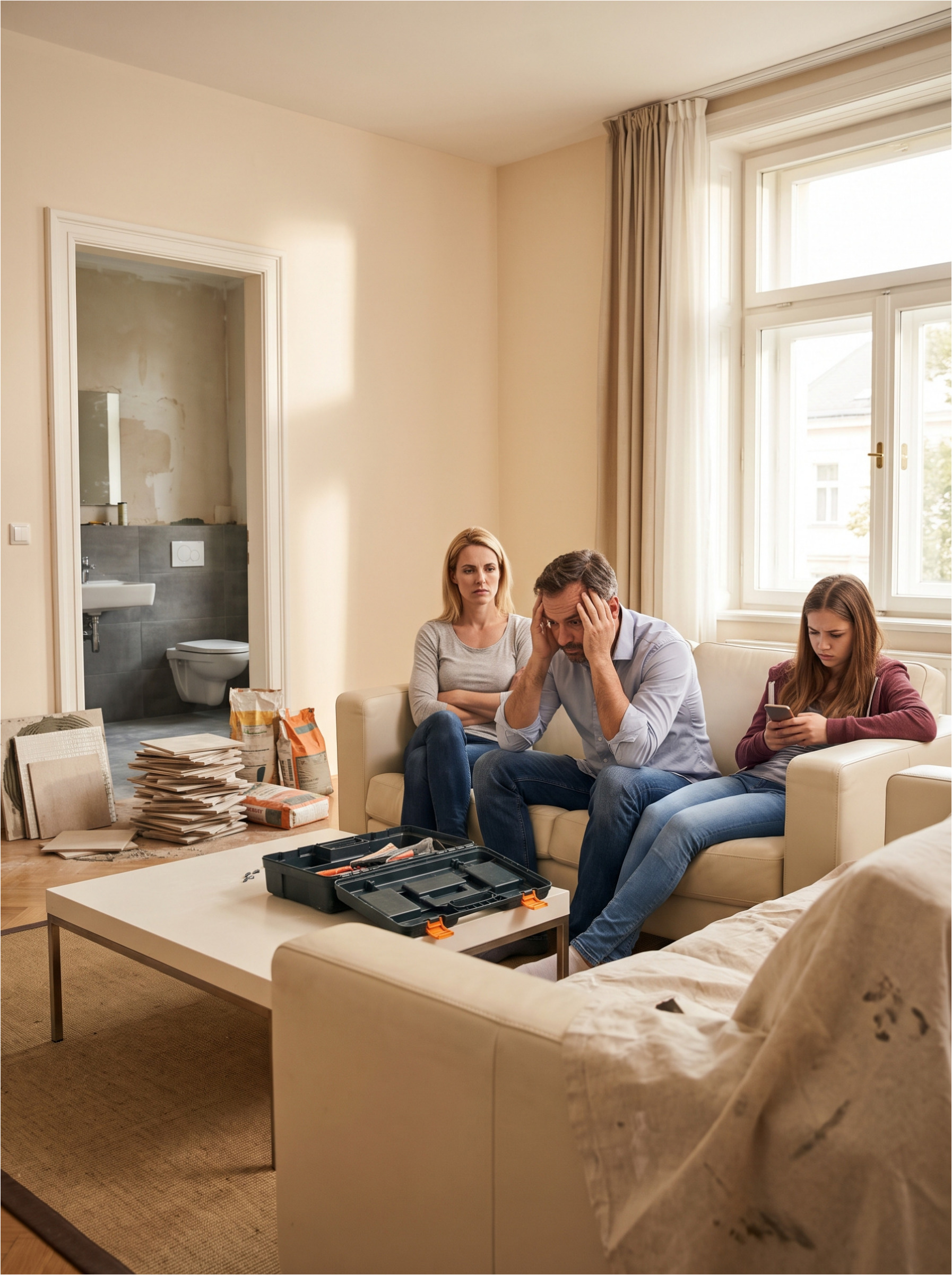 Family experiencing stress from unfinished renovation.