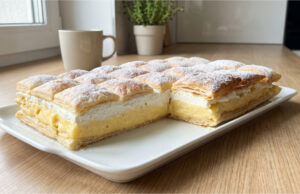 Puff Pastry Krémeš: Festive Dessert with Custard Cream and Whipped Cream Festive puff pastry krémeš with whipped cream and custard