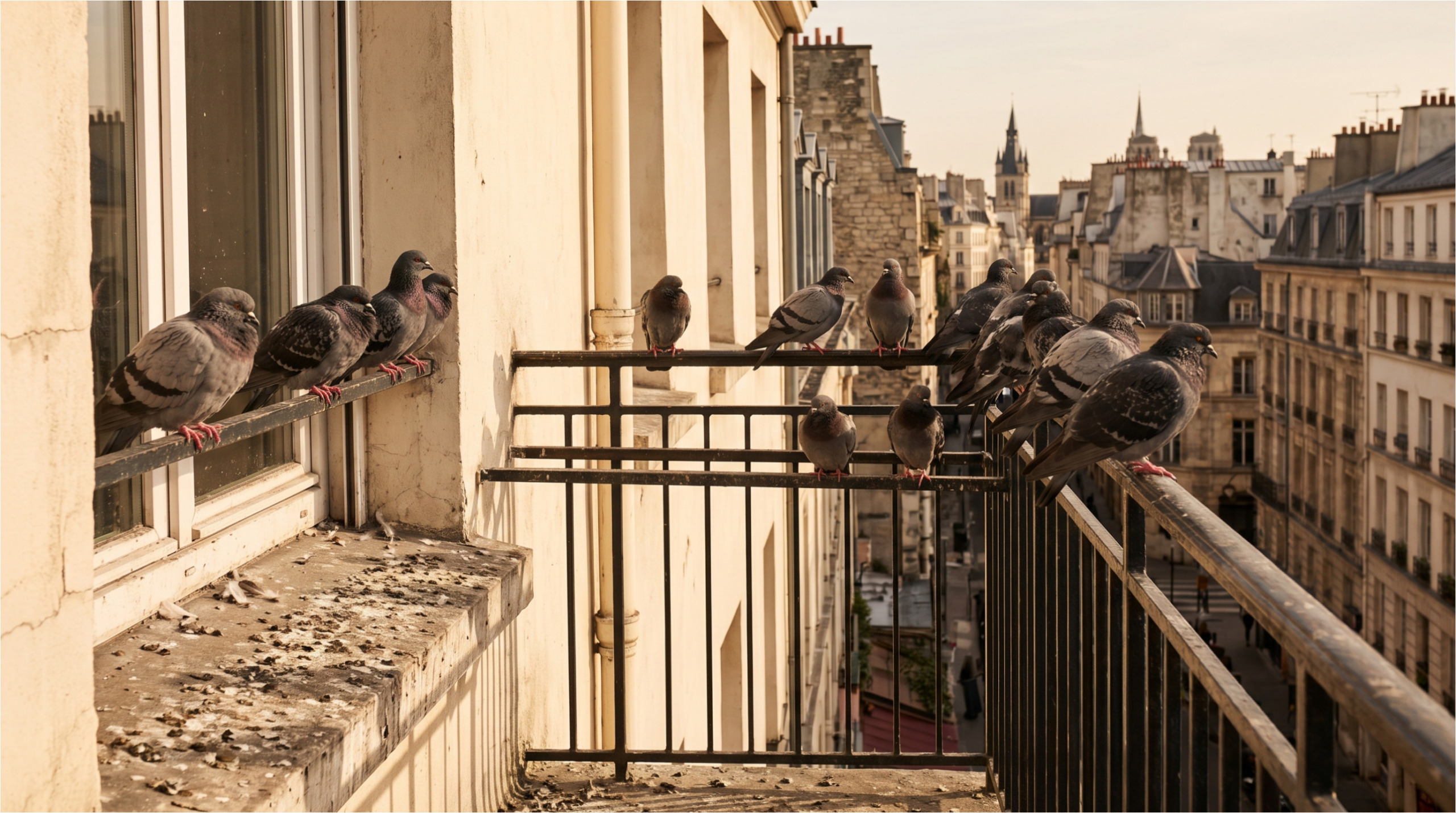 A flock of pigeons on the balcony.