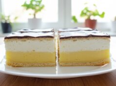 Homemade Krémeš from Flaky Puff Pastry with Rich Vanilla Cream, Whipped Cream and Chocolate Glaze Homemade krémeš from puff pastry with vanilla cream and chocolate