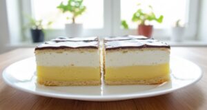 Homemade Krémeš from Flaky Puff Pastry with Rich Vanilla Cream, Whipped Cream and Chocolate Glaze Homemade krémeš from puff pastry with vanilla cream and chocolate
