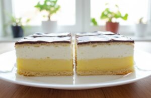 Homemade Krémeš from Flaky Puff Pastry with Rich Vanilla Cream, Whipped Cream and Chocolate Glaze Homemade krémeš from puff pastry with vanilla cream and chocolate