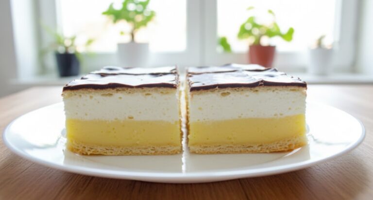Homemade Krémeš from Flaky Puff Pastry with Rich Vanilla Cream, Whipped Cream and Chocolate Glaze