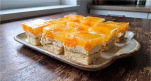 Greedy Slices with Mandarins: Refreshing Moist Dessert with Creamy Layer and Fragrant Jelly Greedy slices with mandarins – layered dessert with cream and jelly