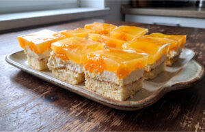 Greedy Slices with Mandarins: Refreshing Moist Dessert with Creamy Layer and Fragrant Jelly Greedy slices with mandarins – layered dessert with cream and jelly