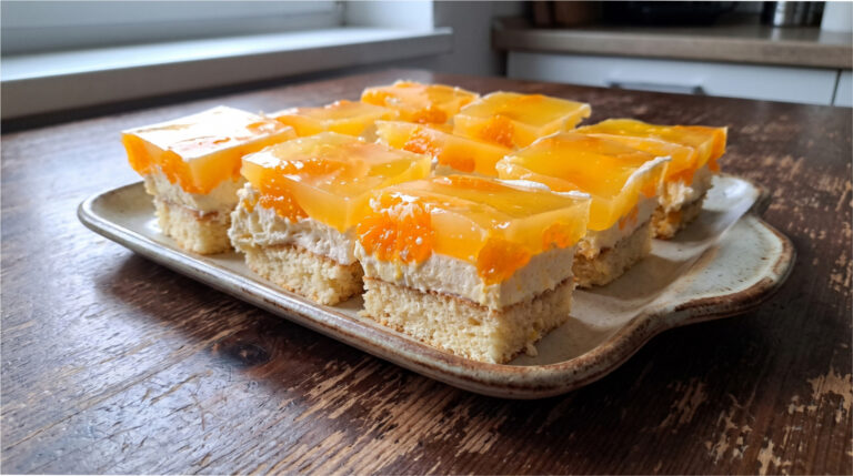 Greedy Slices with Mandarins: Refreshing Moist Dessert with Creamy Layer and Fragrant Jelly