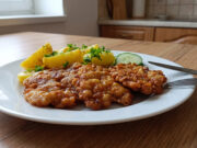 Gypsy Chicken Cutlets: Crispy and Juicy Lunch with New Potatoes Gypsy chicken cutlets with new potatoes and fresh vegetables on a plate