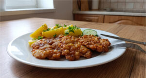 Gypsy Chicken Cutlets: Crispy and Juicy Lunch with New Potatoes Gypsy chicken cutlets with new potatoes and fresh vegetables on a plate