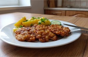 Gypsy Chicken Cutlets: Crispy and Juicy Lunch with New Potatoes Gypsy chicken cutlets with new potatoes and fresh vegetables on a plate
