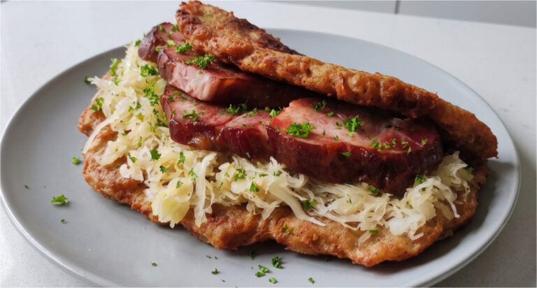 Kaplická cmunda with Smoked Pork: Crispy Potato Pancakes with Sweet and Sour Sauerkraut
