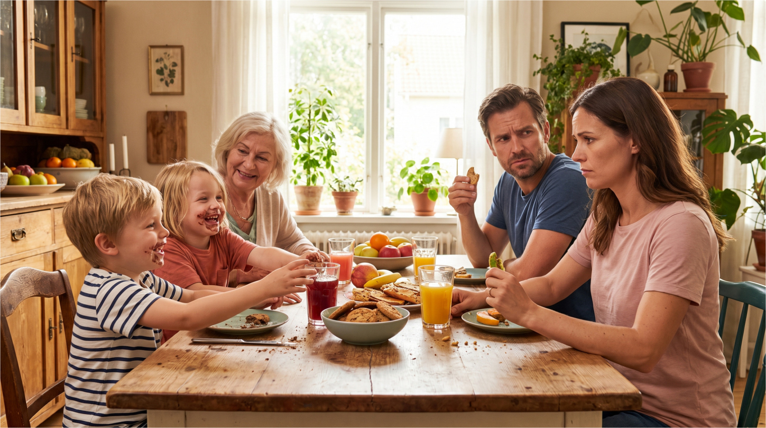 Kids enjoying unhealthy snacks at grandma's.