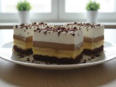 Sinfully Delicious Kinder Bueno Slices with Walnuts, Nutella, Pudding Cream, and BeBe Biscuits Kinder Bueno slices with fluffy walnut base, two pudding creams, and whipped cream.