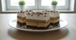 Sinfully Delicious Kinder Bueno Slices with Walnuts, Nutella, Pudding Cream, and BeBe Biscuits Kinder Bueno slices with fluffy walnut base, two pudding creams, and whipped cream.