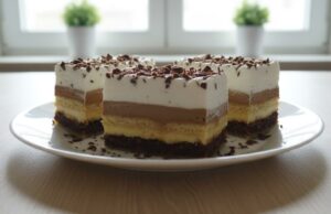 Sinfully Delicious Kinder Bueno Slices with Walnuts, Nutella, Pudding Cream, and BeBe Biscuits Kinder Bueno slices with fluffy walnut base, two pudding creams, and whipped cream.