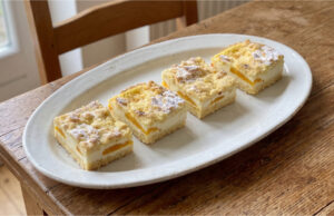 Linzer Grated Slices with Quark and Fruit: Tender Pastry and Fluffy Filling Linzer slices with quark and fruit on a tray