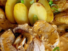 Luxurious Delicacy: Tender Pork Tenderloin in Creamy Mushroom Sauce with Roasted Potatoes Tender pork tenderloin in creamy mushroom sauce with crispy roasted potatoes
