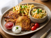 Marinated Pork Chops in Spicy Batter: Juicy Meat with Bold Garlic and Chili Flavor Marinated pork chops in spicy batter served with fries