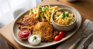 Marinated Pork Chops in Spicy Batter: Juicy Meat with Bold Garlic and Chili Flavor Marinated pork chops in spicy batter served with fries