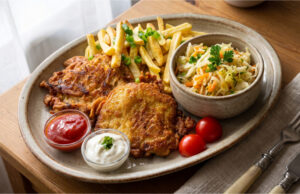 Marinated Pork Chops in Spicy Batter: Juicy Meat with Bold Garlic and Chili Flavor Marinated pork chops in spicy batter served with fries