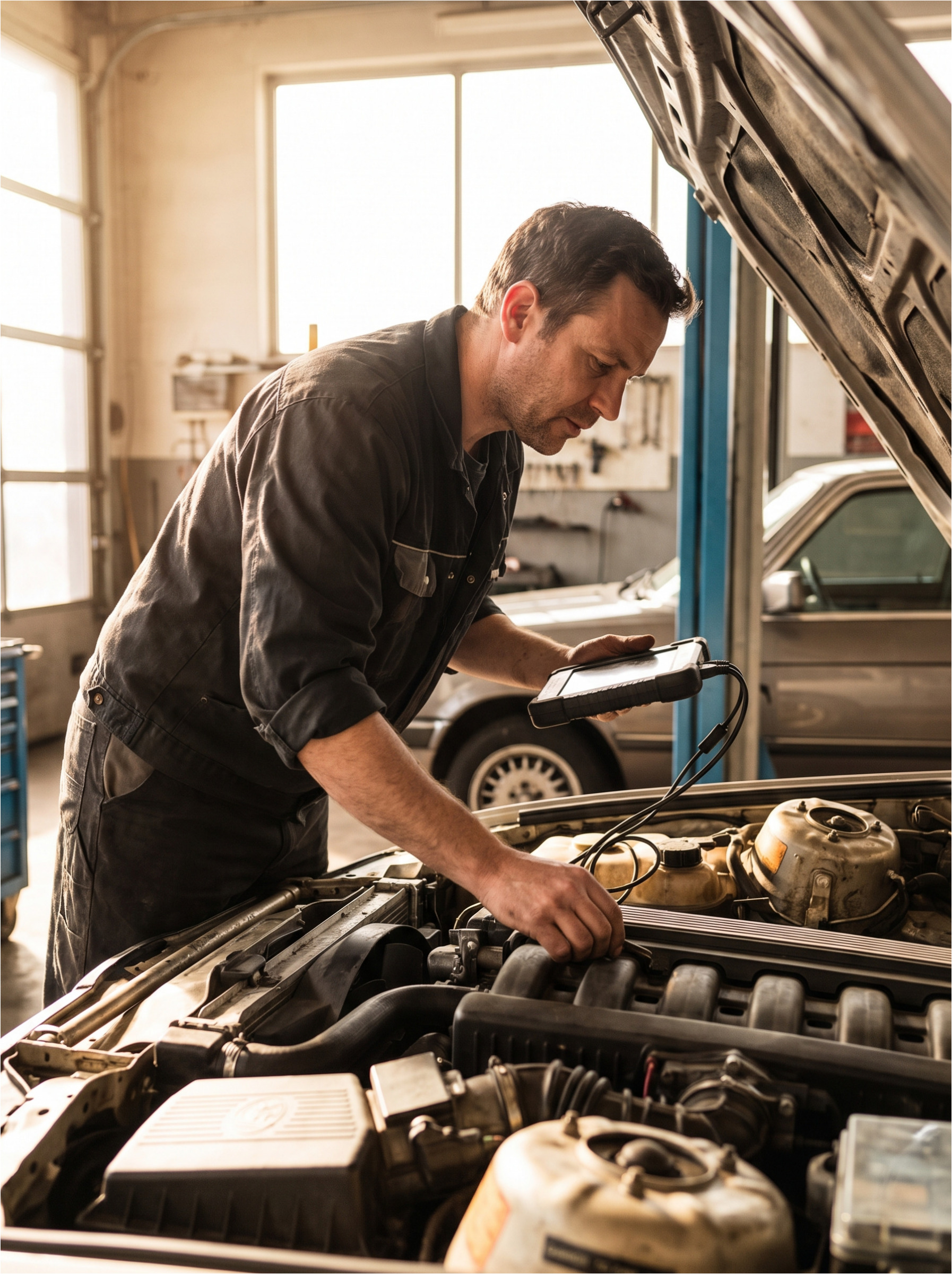 Mechanic checking a car engine.