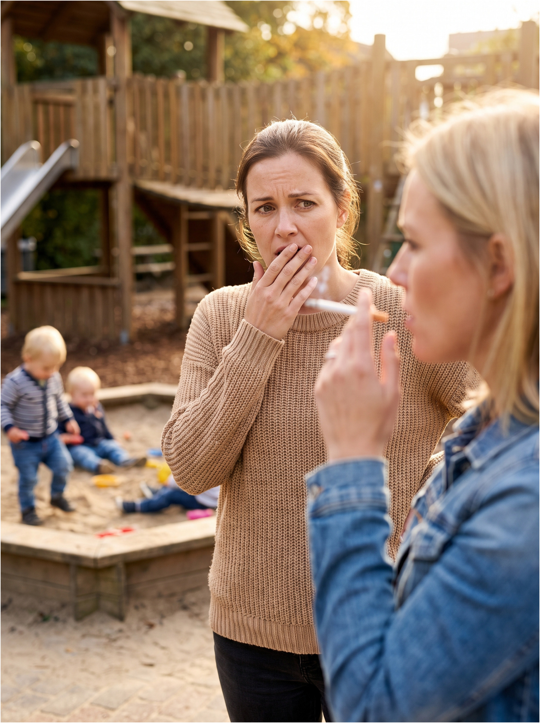 Mother concerned by the smoker's behavior.