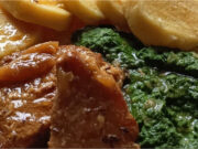 Perfect Lunch: Juicy Braised Pork Chop in Lard, Homemade Spinach and Honest Potato Dumplings Juicy braised pork chop with homemade spinach and potato dumplings