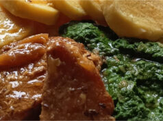 Perfect Lunch: Juicy Braised Pork Chop in Lard, Homemade Spinach and Honest Potato Dumplings Juicy braised pork chop with homemade spinach and potato dumplings