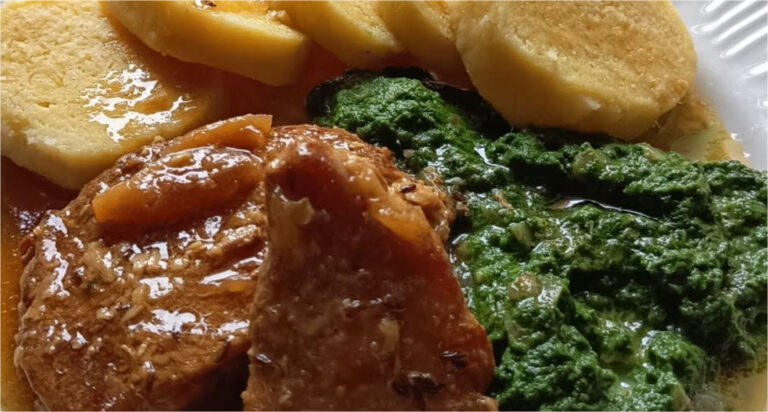 Perfect Lunch: Juicy Braised Pork Chop in Lard, Homemade Spinach and Honest Potato Dumplings