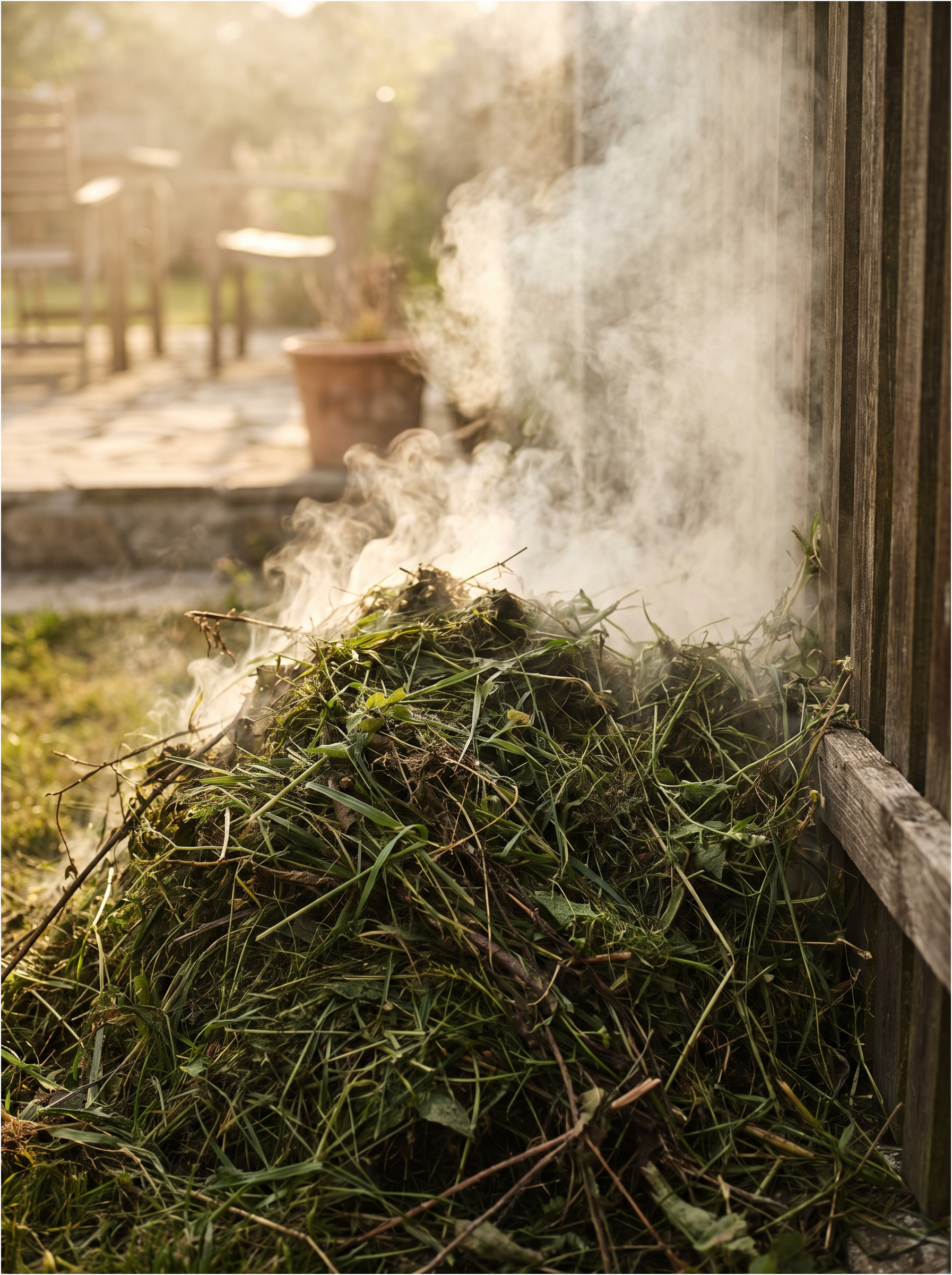 A pile of grass burning in the neighbor's garden.